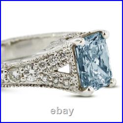 1.60 CT Blue SI2 Radiant Natural Diamonds 14k Vintage Style Side Stone Ring