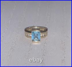 14k Solid Gold Square Blue Topaz Diamond Accent Vintage Style Ring 6.25
