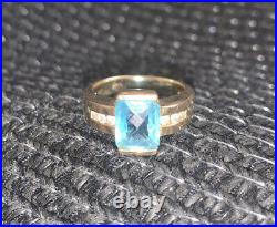 14k Solid Gold Square Blue Topaz Diamond Accent Vintage Style Ring 6.25