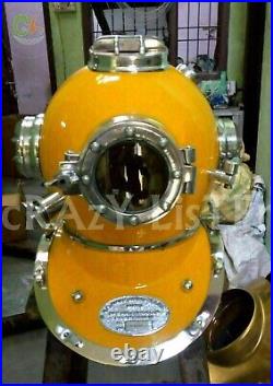 18 Solid Steel Vintage Style Yellow U. S Navy Mark V Scuba Diving Divers Helmet