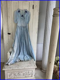 1930 long blue dress velvet ribbon French style textile Edwardian