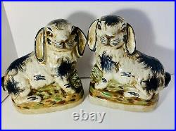 2-Vintage Blue Staffordshire Rabbit Statue Staffordshire Style Porcelain Bunny