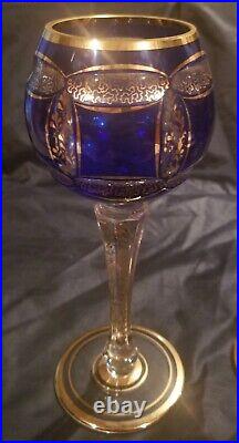 2 Vintage Cobalt Blue Wine Glass Bohemian Cabochon Panel Moser / Egerman Style
