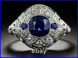 3Ct Edwardian Vintage Style Lab Created Blue Sapphire 14K White Gold Finish Ring