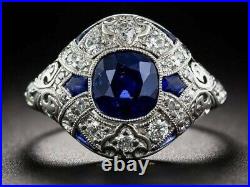3Ct Vintage Art Deco Style Blue Lab Created Sapphire 14K White Gold Finish Ring