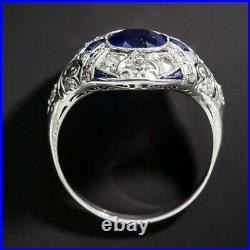 3Ct Vintage Art Deco Style Blue Lab Created Sapphire 14K White Gold Finish Ring