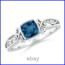 ANGARA Vintage Style Cushion London Blue Topaz Solitaire Ring in 14K Gold