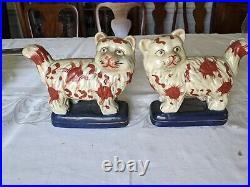 Antique Pair long hair brown and white Staffordshire cats on blue base