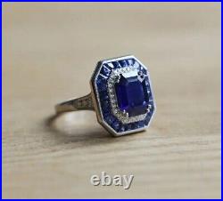 Art Deco Vintage Style Lab Created Blue Sapphire Engagement 925 Silver ring