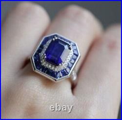 Art Deco Vintage Style Lab Created Blue Sapphire Engagement 925 Silver ring