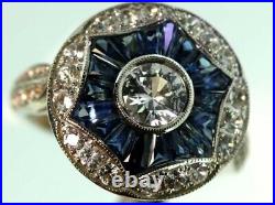 Beautiful Art Deco Vintage Style Blue Sapphire With Clear Shiny CZ Women's Ring
