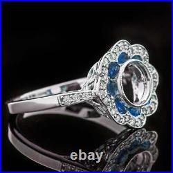 Blue Sapphire Diamond Vintage Style Engagement Ring Semi Mount Setting Floral