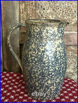 Blue Spongeware Salt Glaze Vintage style stoneware pottery pitcher EXCELLENT