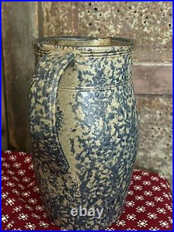 Blue Spongeware Salt Glaze Vintage style stoneware pottery pitcher EXCELLENT