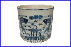 Blue and White Vintage Style Porcelain Fish Motif Flower Pot 7