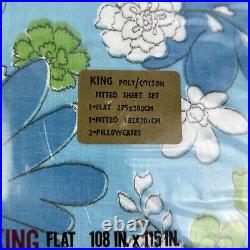 CANNON Vintage 70's Style Blue Floral Flower PolyCotton King Sheet Set NEW