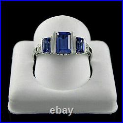 Dazzling Emerald Lab Created Blue Sapphire Three Stone Vintage Style Ring