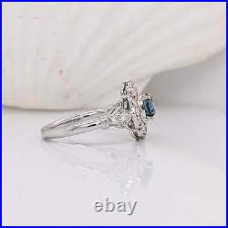 Four Petal Vintage Style Ring Design in Solid 14K White Gold w a Vivid Blue