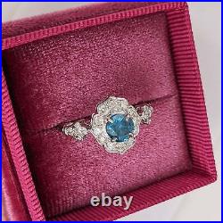 Four Petal Vintage Style Ring Design in Solid 14K White Gold w a Vivid Blue