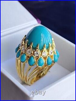 Glorious Vintage Style Turquoise & CZ Cocktail Ring Yellow Gold Over Silver 925