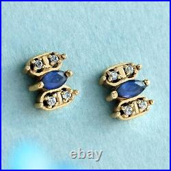 Marquise Blue Sapphire and Diamond Vintage Style Stud Earrings in Solid 9K Gold