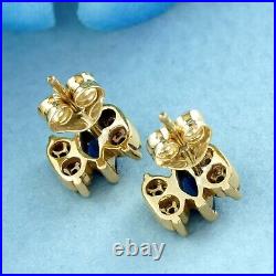 Marquise Blue Sapphire and Diamond Vintage Style Stud Earrings in Solid 9K Gold