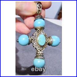 Medieval Style 925 Sterling Silver Turquoise Retro Vintage Large Cross