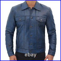 Men's Genuine Lambskin Blue Trucker Leather Vintage Western Style Leather Jacket