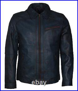 Mens Blue Vintage Style Quilted Real Lambskin Leather Motorcycle Fashion Jacket