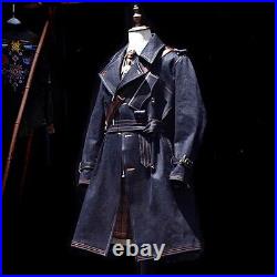 Mens Retro Vintage Style Double Breasted Trench Coat Belt Military Outdoor Denim