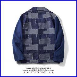 Mens Vintage Style Patchwork Denim Jacket Loose Casual Cotton Blue Pocket Coats