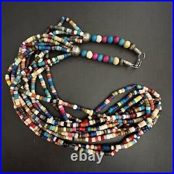 Multi Strand Blue Red Southwestern Heishi Style Vintage Necklace Tribal Ethnic
