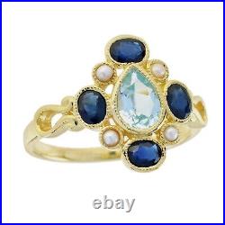 Natural Blue Sapphire Blue Topaz Pearl Vintage Style Cluster Ring in 9K Gold