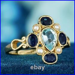 Natural Blue Sapphire Blue Topaz Pearl Vintage Style Cluster Ring in 9K Gold