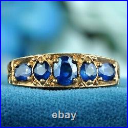 Natural Blue Sapphire Vintage Style Five Stone Band Ring in Solid 9K Yellow Gold