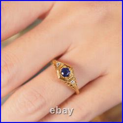 Natural Blue Sapphire and Diamond Vintage Style Filigree Ring in Solid 9K Gold