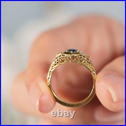 Natural Blue Sapphire and Diamond Vintage Style Filigree Ring in Solid 9K Gold