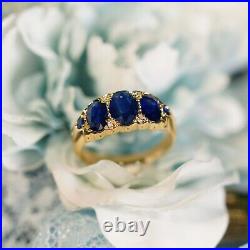 Natural Blue Sapphire and Diamond Vintage Style Trinity Ring in Solid 9K Gold
