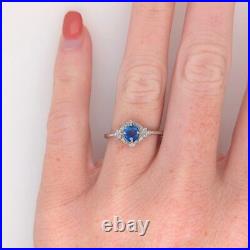 Natural Blue Sapphire and Diamonds Vintage Style Women Ring Solid 14k White Gold