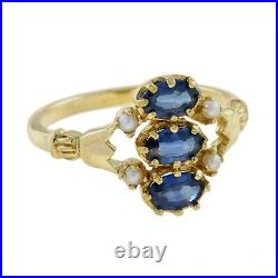 Natural Blue Sapphire and Pearl Vintage Style Three Stone Ring in Solid 9K Gold