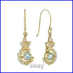 Natural Blue Topaz Opal Diamond Vintage Style Floral Dangle Earrings in 9K Gold