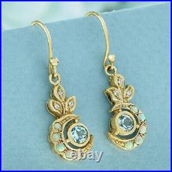 Natural Blue Topaz Opal Diamond Vintage Style Floral Dangle Earrings in 9K Gold