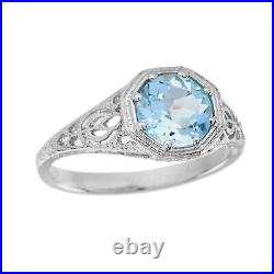 Natural Blue Topaz Vintage Style Eight Prong Ring in Solid 9K White Gold