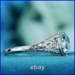 Natural Blue Topaz Vintage Style Eight Prong Ring in Solid 9K White Gold