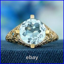 Natural Blue Topaz Vintage Style Filigree Ring in Solid 9K Yellow Gold