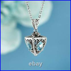 Natural Blue Topaz Vintage Style Tetrahedron Pendant in solid 9K White Gold