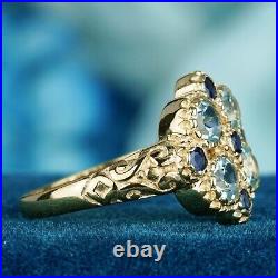 Natural Blue Topaz and Blue Sapphire Vintage Style Cluster Ring in Solid 9K Gold