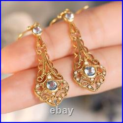Natural Blue Topaz and Diamond Vintage Style Filigree Earrings in Solid 9K Gold