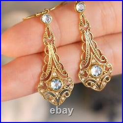 Natural Blue Topaz and Diamond Vintage Style Filigree Earrings in Solid 9K Gold
