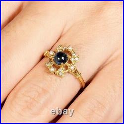 Natural Cabochon Blue Sapphire and Pearl Vintage Style Ring in Solid 9K Gold